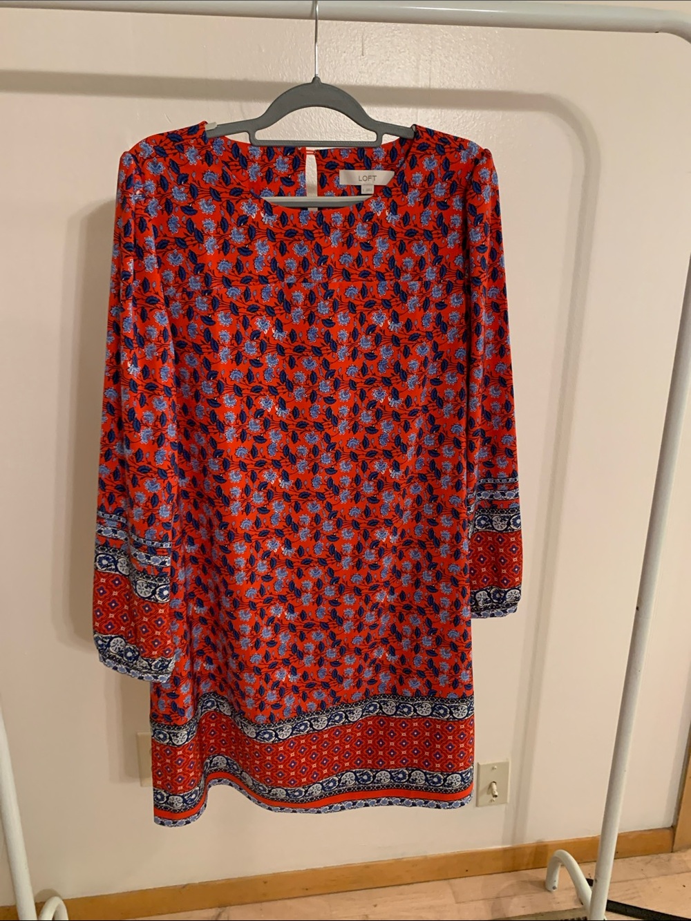 LOFT Red Floral Border-Print Long-Sleeve Dress